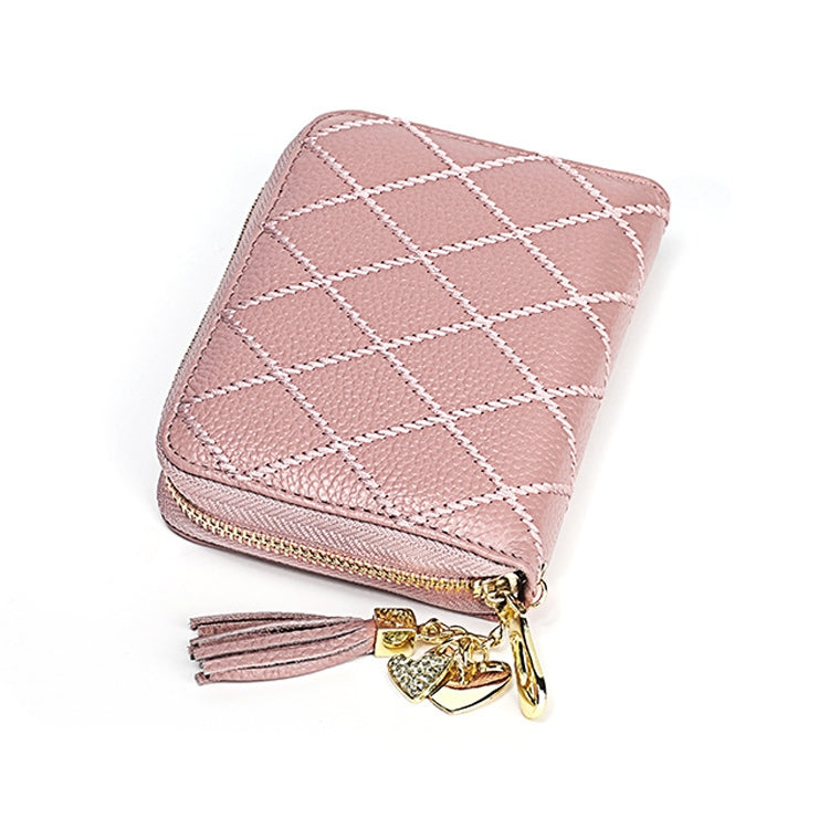 KB213 Diamond Texture Zipper Cowhide Leather Double Row Organ Shape Multiple Card Slots Anti-magnetic RFID Wallet Clutch Bag for Ladies (Light Pink) - free shipping - PMC TechLife - Order now!