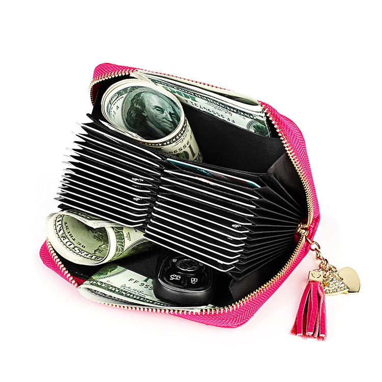 KB213 Diamond Texture Zipper Cowhide Leather Double Row Organ Shape Multiple Card Slots Anti-magnetic RFID Wallet Clutch Bag for Ladies (Rose Red) - free shipping - PMC TechLife - Order now!