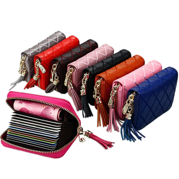 Genuine Cowhide Leather Grid Texture Zipper Card Holder Wallet RFID Blocking Card Bag Protect Case Coin Purse with Tassel Pendant & 15 Card Slots for Women, Size: 11.1*7.9*3.5cm - Antimagnetic RFID Package by PMC TechLife | Online Shopping South Africa | PMC TechLife | Buy Now Pay Later Mobicred
