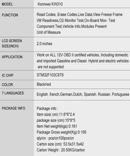 KONNWEI KW310 OBD Car Fault Detector Code Reader ELM327 OBD2 Scanner Diagnostic Tool(Black) - Code Readers & Scan Tools by KONNWEI | Online Shopping South Africa | PMC Jewellery