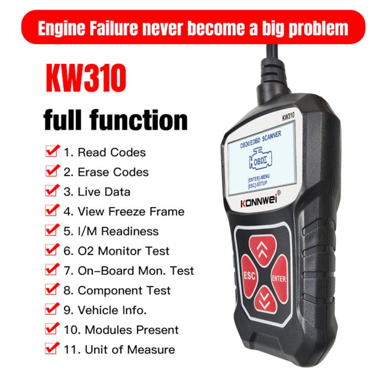 KONNWEI KW310 OBD Car Fault Detector Code Reader ELM327 OBD2 Scanner Diagnostic Tool(Black) - Code Readers & Scan Tools by KONNWEI | Online Shopping South Africa | PMC Jewellery