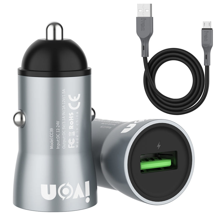 IVON CC39 18W 3.1A QC 3.0 USB Car Charger + 1m USB to Micro USB Fast Charge Data Cable Set - Car Charger by IVON | Online Shopping South Africa | PMC Jewellery