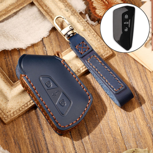 Hallmo Car Cowhide Leather Key Protective Cover Key Case for Volkswagen Golf 8(Blue) - Car Key Cases by Hallmo | Online Shopping South Africa | PMC Jewellery