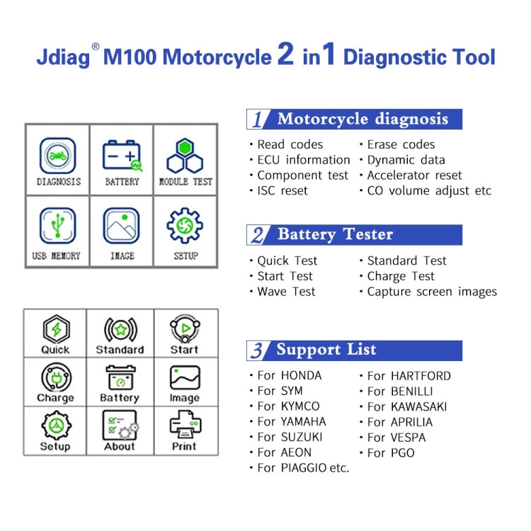 JDiag M100 Motorcycles 2 in1 OBD Scanner Battery Tester - Code Readers & Scan Tools by PMC Jewellery | Online Shopping South Africa | PMC Jewellery