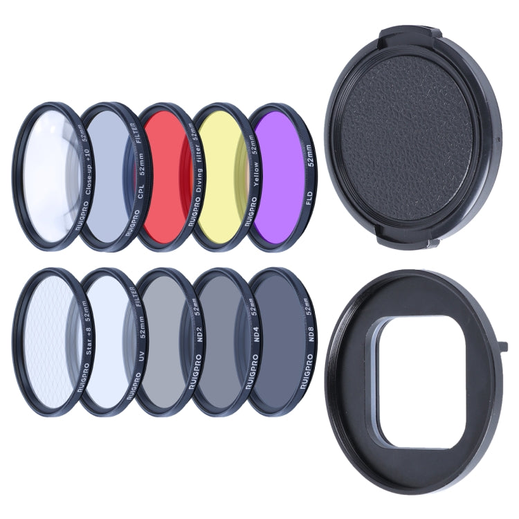 RUIGPRO for GoPro HERO10 Black / HERO9 Black Professional 52mm 52mm 10 in 1 UV+ND2+ND4+ND8+Star 8+ +CPL+Yellow/Red/Purple+10X Close-up Lens Filter with Filter Adapter Ring & Lens Cap - free shipping - PMC TechLife - Order now!
