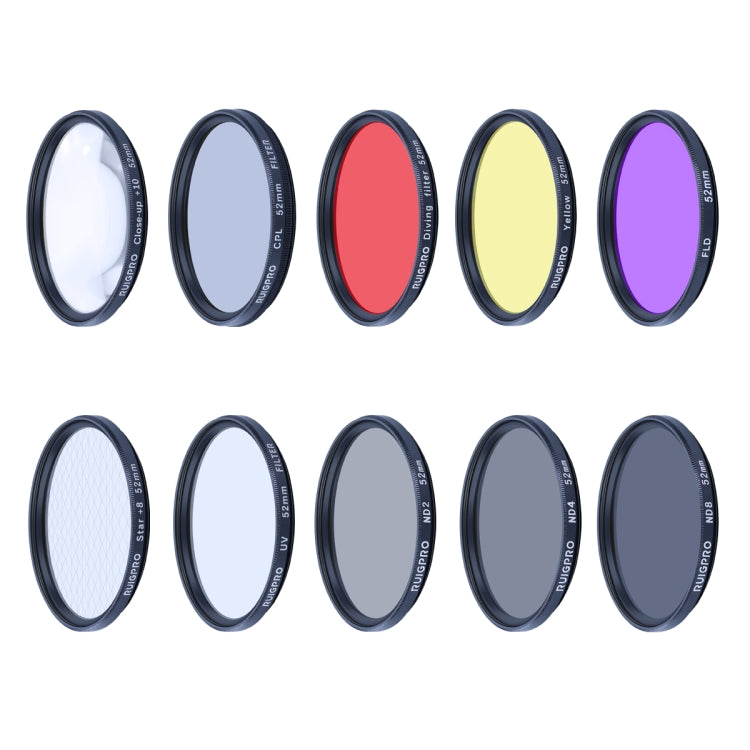 RUIGPRO for GoPro HERO10 Black / HERO9 Black Professional 52mm 52mm 10 in 1 UV+ND2+ND4+ND8+Star 8+ +CPL+Yellow/Red/Purple+10X Close-up Lens Filter with Filter Adapter Ring & Lens Cap - free shipping - PMC TechLife - Order now!