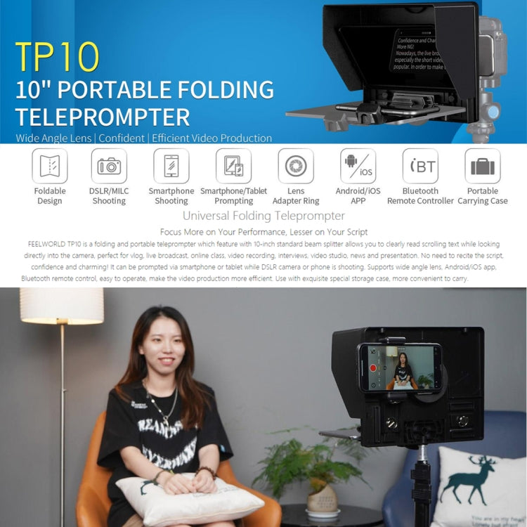 FEELWORLD TP10 Portable 10-inch Folding Teleprompter with Remote Control Lens Adapter Ring For Below 10 inches Smartphone / Tablet (Black) - free shipping - PMC TechLife - Order now!
