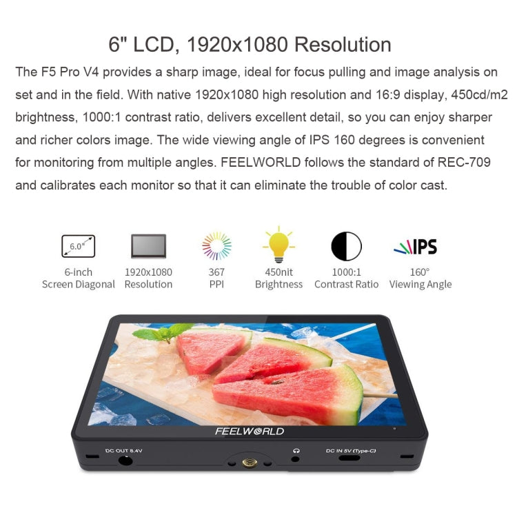 FEELWORLD F5 Pro V4 6 inch Touch Screen DSLR Camera Field Monitor 3D LUT 4K HDMI Input Output Tilt Arm - free shipping - PMC TechLife - Order now!