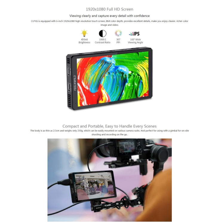 FEELWORLD CUT6S 6-inch Touch Screen Monitor Recorder FHD IPS 4K HDMI 3G-SDI Camera Field Monitor (Black) - free shipping - PMC TechLife - Order now!
