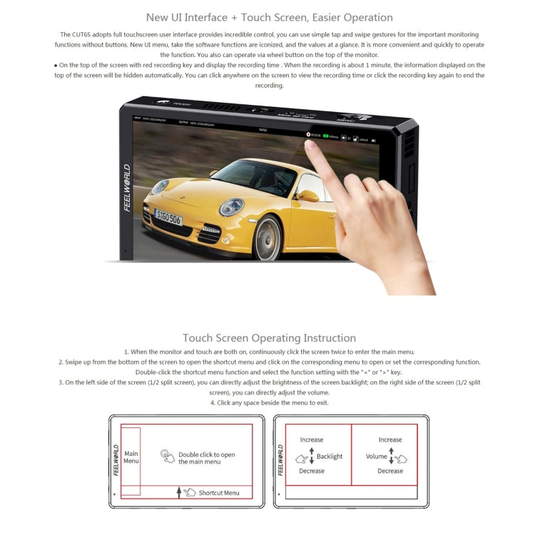 FEELWORLD CUT6S 6-inch Touch Screen Monitor Recorder FHD IPS 4K HDMI 3G-SDI Camera Field Monitor (Black) - free shipping - PMC TechLife - Order now!