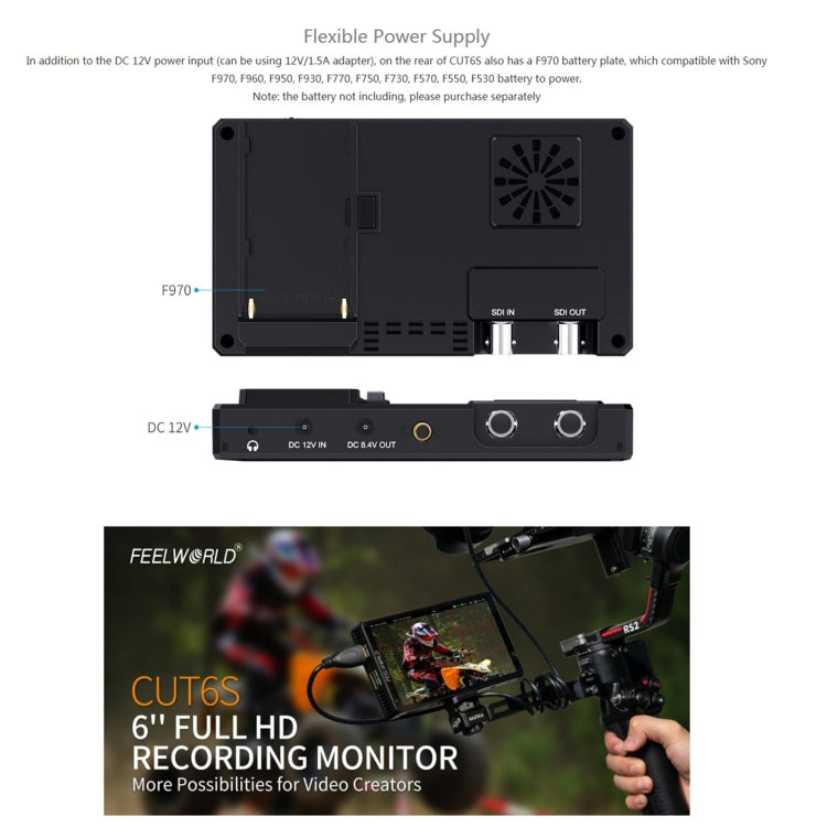 FEELWORLD CUT6S 6-inch Touch Screen Monitor Recorder FHD IPS 4K HDMI 3G-SDI Camera Field Monitor (Black) - free shipping - PMC TechLife - Order now!