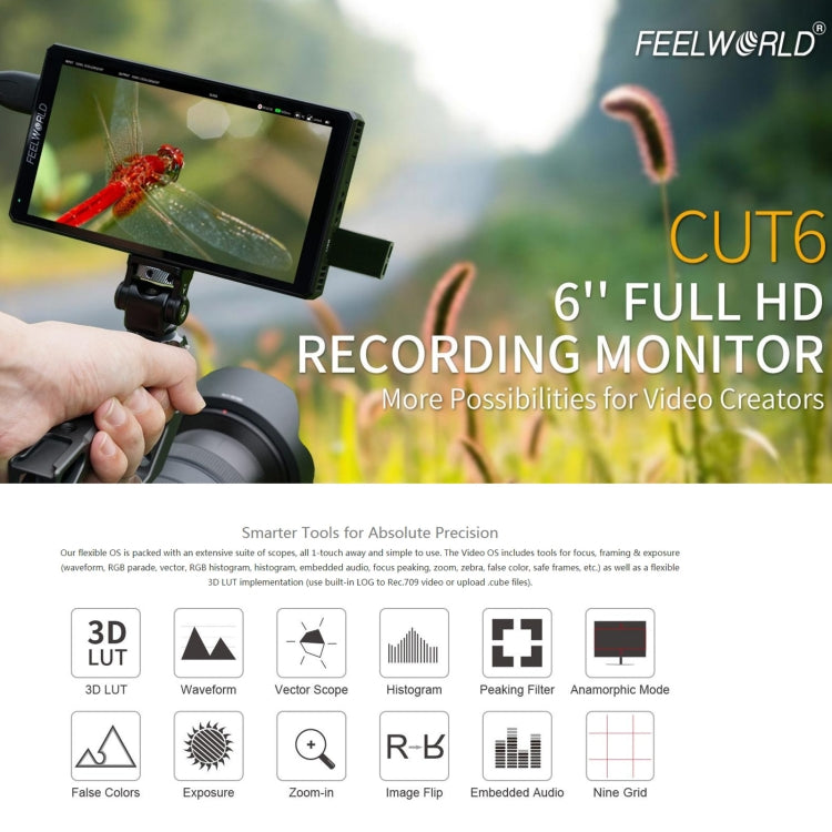 FEELWORLD CUT6 6-inch Touch Screen Monitor Recorder FHD IPS 4K HDMI Camera Field Monitor (Black) - free shipping - PMC TechLife - Order now!