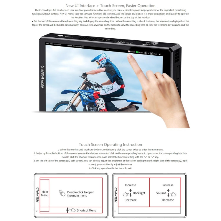 FEELWORLD CUT6 6-inch Touch Screen Monitor Recorder FHD IPS 4K HDMI Camera Field Monitor (Black) - free shipping - PMC TechLife - Order now!