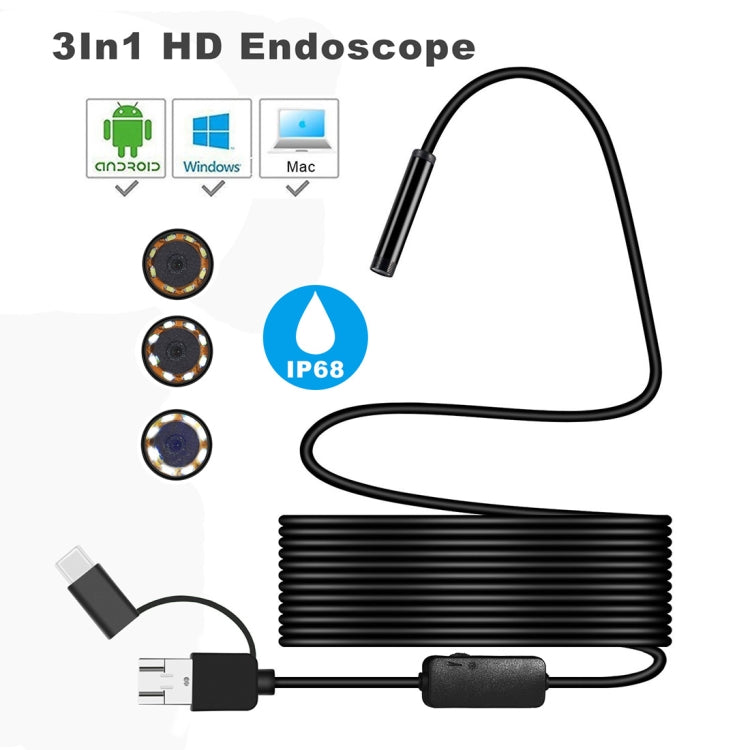 Y101 8mm Spiral Head 3 In 1 Waterproof Digital Endoscope Inspection Camera, Length: 10m Hard Cable(Black) -  by PMC TechLife | Online Shopping South Africa | PMC TechLife