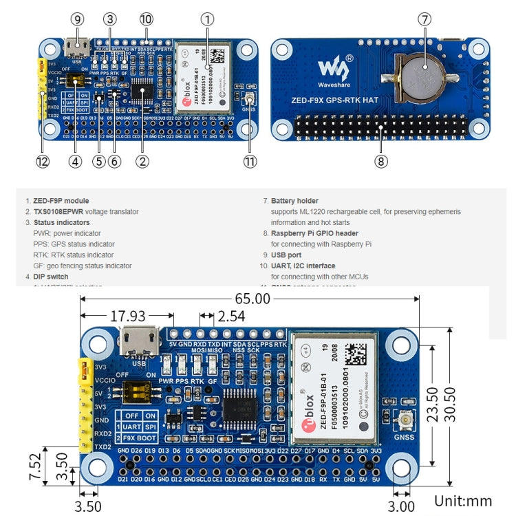 Waveshare ZED-F9P GPS-RTK HAT Centimeter Level Accuracy Multi-Band RTK Differential GPS Module for Raspberry Pi - free shipping - PMC TechLife - Order now!