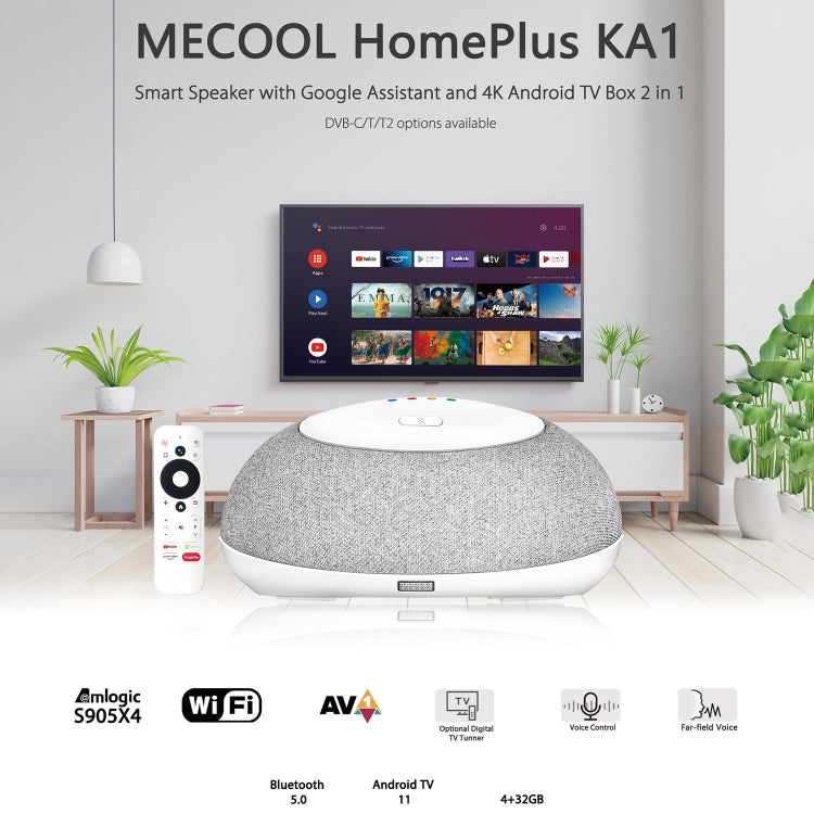 MECOOL KA1 Smart TV Speaker Android 11 TV Box with Remote Control, Amlogic S905X4 Quad Core Cortex-A55, 4GB+32GB, Dual-Band / Bluetooth / Ethernet / OTT(EU Plug) - free shipping - PMC TechLife - Order now!
