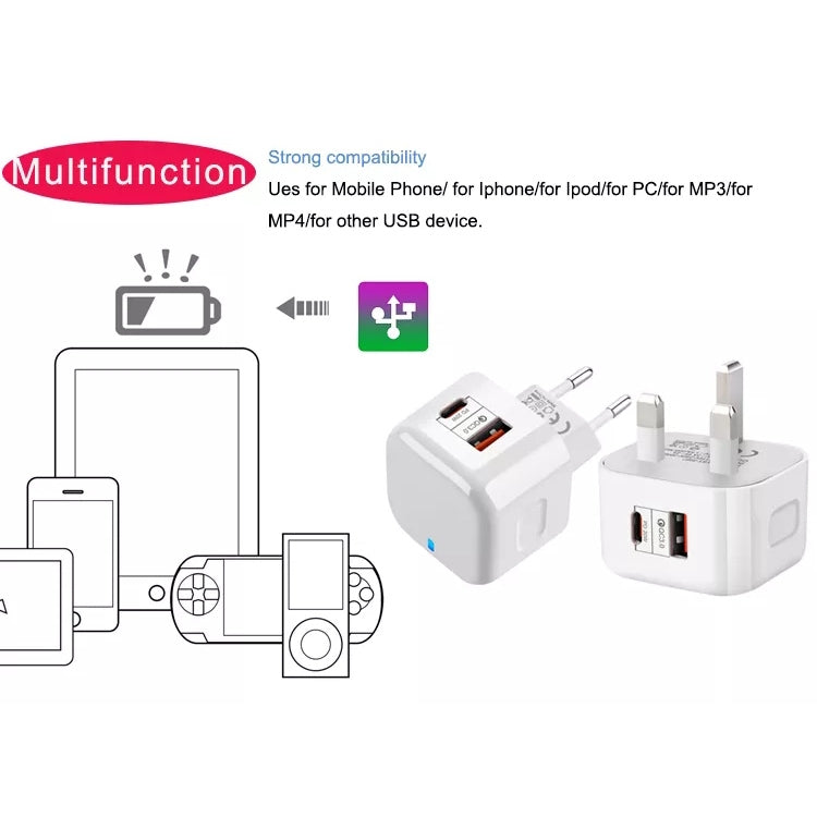 YSY-6087 20W PD + QC 3.0 Dual Ports Travel Charger Power Adapter, UK Plug - free shipping - PMC TechLife - Order now!