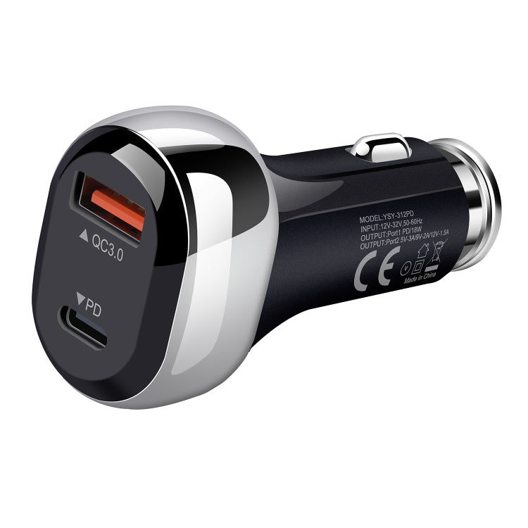 YSY-312PD QC3.0 USB + PD 18W USB-C / Type-C Dual Ports Fast Charging Car Charger(Black) - Car Charger by PMC TechLife | Online Shopping South Africa | PMC TechLife