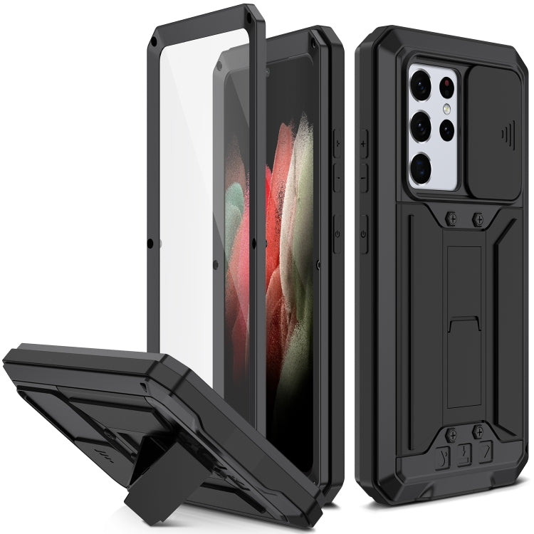 For Samsung Galaxy S21 Ultra 5G R-JUST Sliding Lens Cover Shockproof Dustproof Waterproof Metal + Silicone Case with Invisible Holder(Black) - Galaxy S21 Ultra 5G Cases by R-JUST | Online Shopping South Africa | PMC TechLife | Buy Now Pay Later Mobicred
