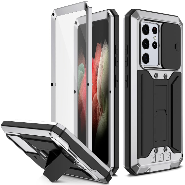 For Samsung Galaxy S21 Ultra 5G R-JUST Sliding Lens Cover Shockproof Dustproof Waterproof Metal + Silicone Case with Invisible Holder(Silver) - Galaxy S21 Ultra 5G Cases by R-JUST | Online Shopping South Africa | PMC TechLife | Buy Now Pay Later Mobicred