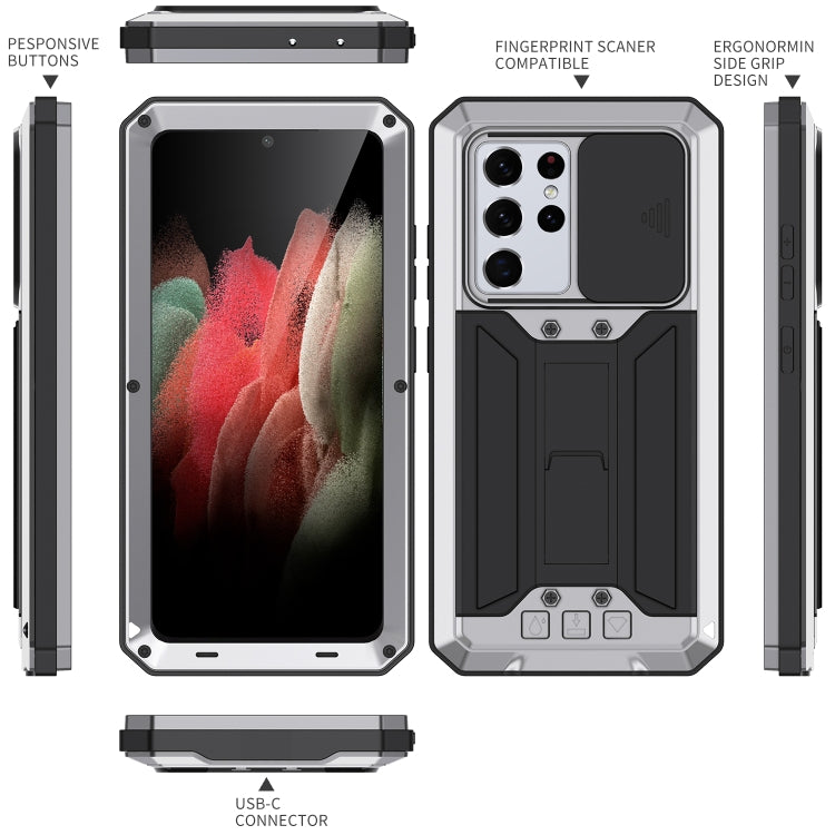 For Samsung Galaxy S21 Ultra 5G R-JUST Sliding Lens Cover Shockproof Dustproof Waterproof Metal + Silicone Case with Invisible Holder(Silver) - Galaxy S21 Ultra 5G Cases by R-JUST | Online Shopping South Africa | PMC TechLife | Buy Now Pay Later Mobicred