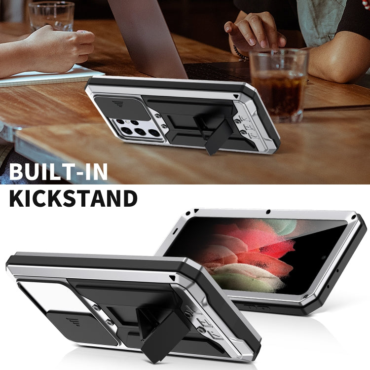 For Samsung Galaxy S21 Ultra 5G R-JUST Sliding Lens Cover Shockproof Dustproof Waterproof Metal + Silicone Case with Invisible Holder(Silver) - Galaxy S21 Ultra 5G Cases by R-JUST | Online Shopping South Africa | PMC TechLife | Buy Now Pay Later Mobicred