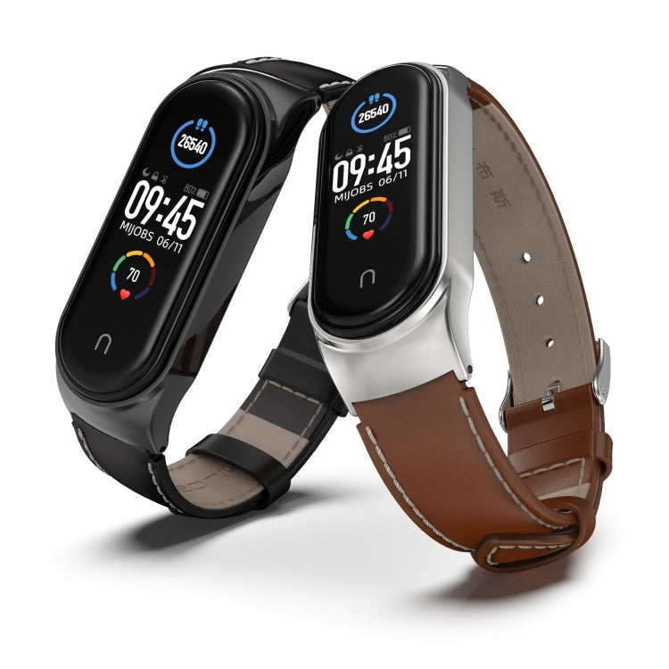For Xiaomi Mi Band 6 / 5 / 4 / 3 Mijobs CS First Layer Cowhide Watch Band(Black + Silver) - Watch Bands by MIJOBS | Online Shopping South Africa | PMC TechLife | Buy Now Pay Later Mobicred