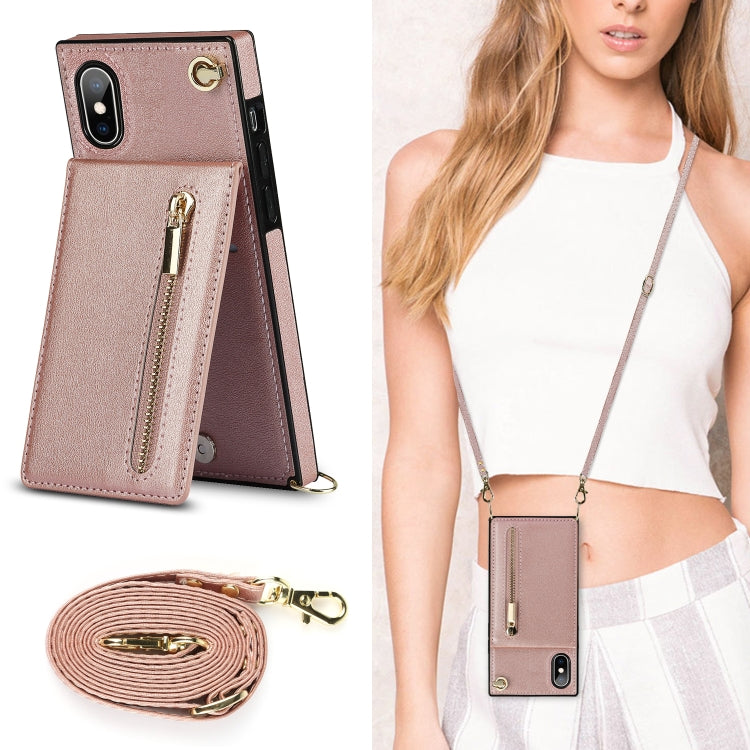 For iPhone X / XS Cross-body Zipper Square TPU+PU Back Cover Case with Holder & Card Slots & Wallet & Strap(Rose Gold) - free shipping - PMC TechLife - Order now!