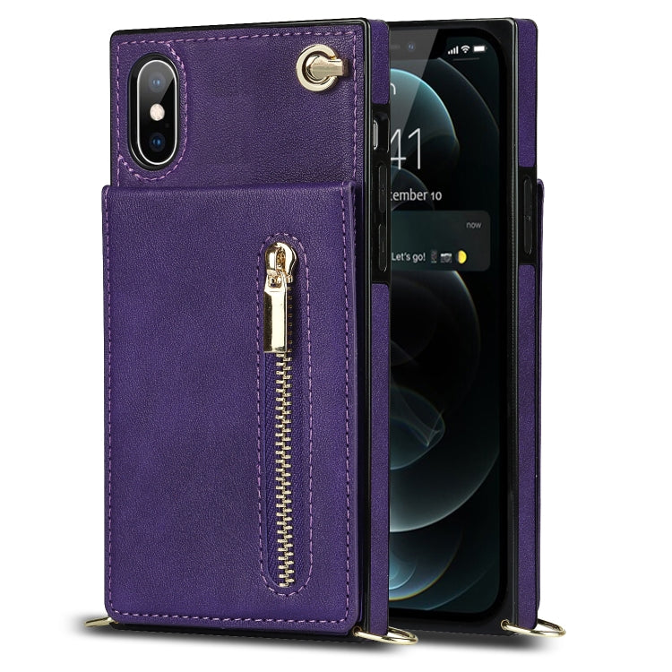 For iPhone X / XS Cross-body Zipper Square TPU+PU Back Cover Case with Holder & Card Slots & Wallet & Strap(Purple) - free shipping - PMC TechLife - Order now!
