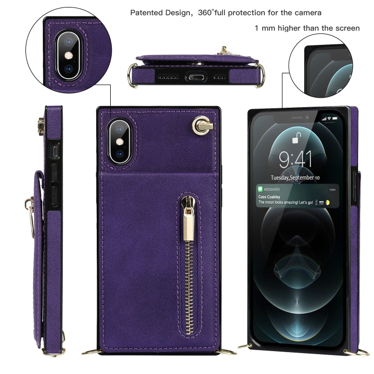 For iPhone X / XS Cross-body Zipper Square TPU+PU Back Cover Case with Holder & Card Slots & Wallet & Strap(Purple) - free shipping - PMC TechLife - Order now!