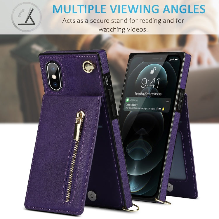 For iPhone X / XS Cross-body Zipper Square TPU+PU Back Cover Case with Holder & Card Slots & Wallet & Strap(Purple) - free shipping - PMC TechLife - Order now!