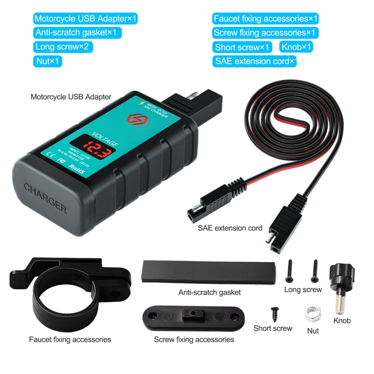WUPP ZH-1422A2 DC12-24V Motorcycle Square Dual USB Fast Charging Charger with Switch + Voltmeter + Integrated SAE Socket + 1m SAE Socket Cable - Battery Charger by WUPP | Online Shopping South Africa | PMC TechLife | Buy Now Pay Later Mobicred