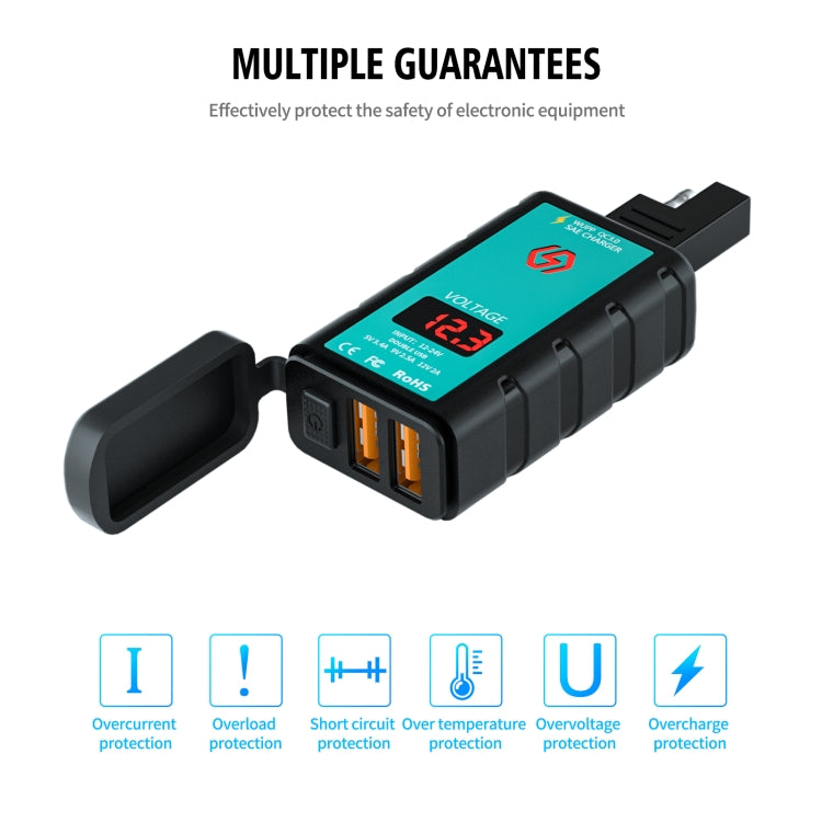 WUPP ZH-1422A2 DC12-24V Motorcycle Square Dual USB Fast Charging Charger with Switch + Voltmeter + Integrated SAE Socket + 1m SAE Socket Cable - Battery Charger by WUPP | Online Shopping South Africa | PMC TechLife | Buy Now Pay Later Mobicred