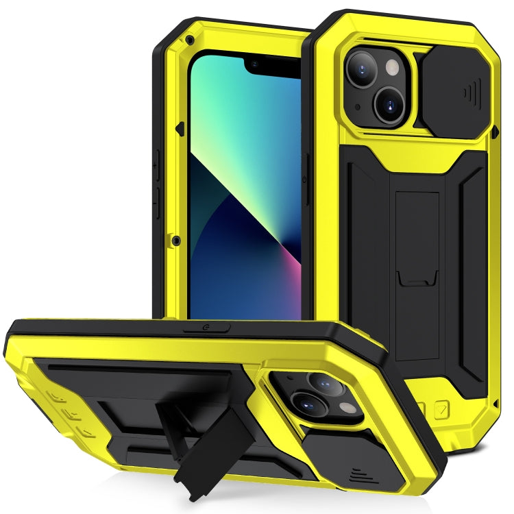 For iPhone 13 mini R-JUST Sliding Camera Shockproof Life Waterproof Dust-proof Metal + Silicone Protective Case with Holder (Yellow) - iPhone 13 mini Cases by R-JUST | Online Shopping South Africa | PMC Jewellery