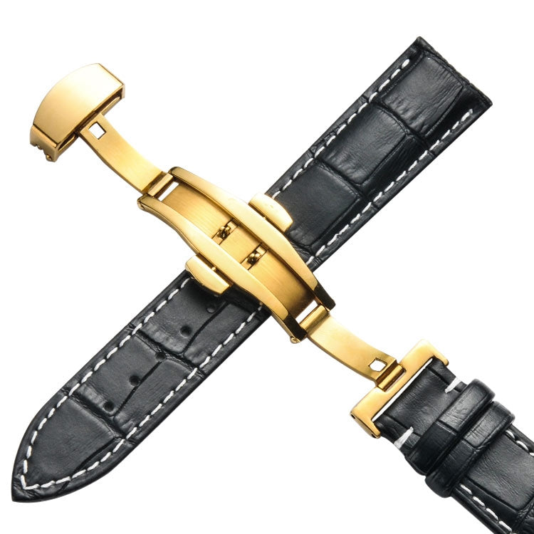 22mm Classic Cowhide Leather Gold Butterfly Buckle Watch Band(Black White Lines) - Watch Bands by PMC TechLife | Online Shopping South Africa | PMC TechLife | Buy Now Pay Later Mobicred