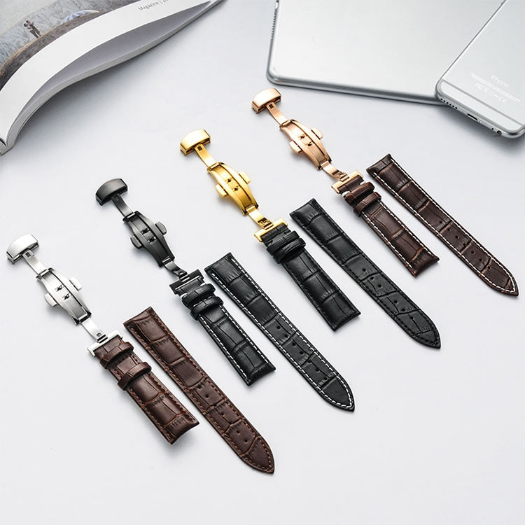 22mm Classic Cowhide Leather Gold Butterfly Buckle Watch Band(Brown) - Watch Bands by PMC TechLife | Online Shopping South Africa | PMC TechLife | Buy Now Pay Later Mobicred