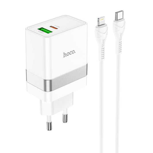 hoco N21 PD 30W Type-C / USB-C + QC 3.0 USB Mini Fast Charger with Type-C / USB-C to 8 Pin Data Cable , EU Plug(White) - USB Charger by hoco | Online Shopping South Africa | PMC Jewellery