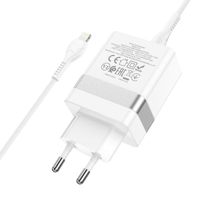 hoco N21 PD 30W Type-C / USB-C + QC 3.0 USB Mini Fast Charger with Type-C / USB-C to 8 Pin Data Cable , EU Plug(White) - USB Charger by hoco | Online Shopping South Africa | PMC Jewellery