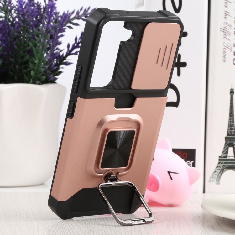 For Samsung Galaxy S22 5G Sliding Camera Cover Design PC + TPU Shockproof Phone Case with Ring Holder & Card Slot(Rose Gold) - Galaxy S22 5G Cases by PMC TechLife | Online Shopping South Africa | PMC TechLife