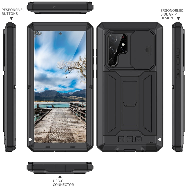 For Samsung Galaxy S22 Ultra 5G R-JUST Sliding Camera Metal + Silicone Holder Phone Case(Black) - Galaxy S22 Ultra 5G Cases by R-JUST | Online Shopping South Africa | PMC TechLife | Buy Now Pay Later Mobicred