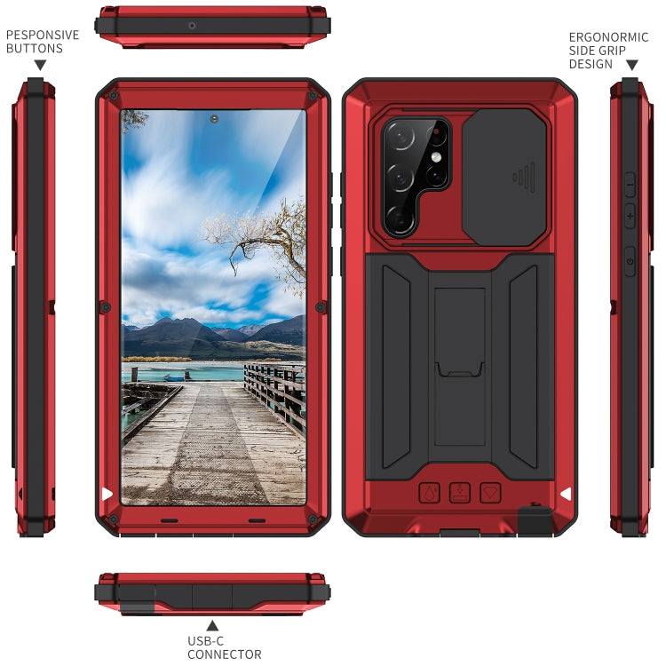 For Samsung Galaxy S22 Ultra 5G R-JUST Sliding Camera Metal + Silicone Holder Phone Case(Red) - free shipping - PMC TechLife - Order now!