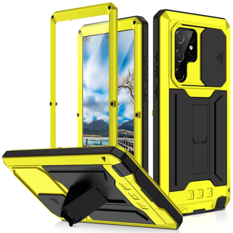 For Samsung Galaxy S22 Ultra 5G R-JUST Sliding Camera Metal + Silicone Holder Phone Case(Yellow) - free shipping - PMC TechLife - Order now!