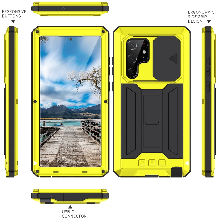For Samsung Galaxy S22 Ultra 5G R-JUST Sliding Camera Metal + Silicone Holder Phone Case(Yellow) - free shipping - PMC TechLife - Order now!