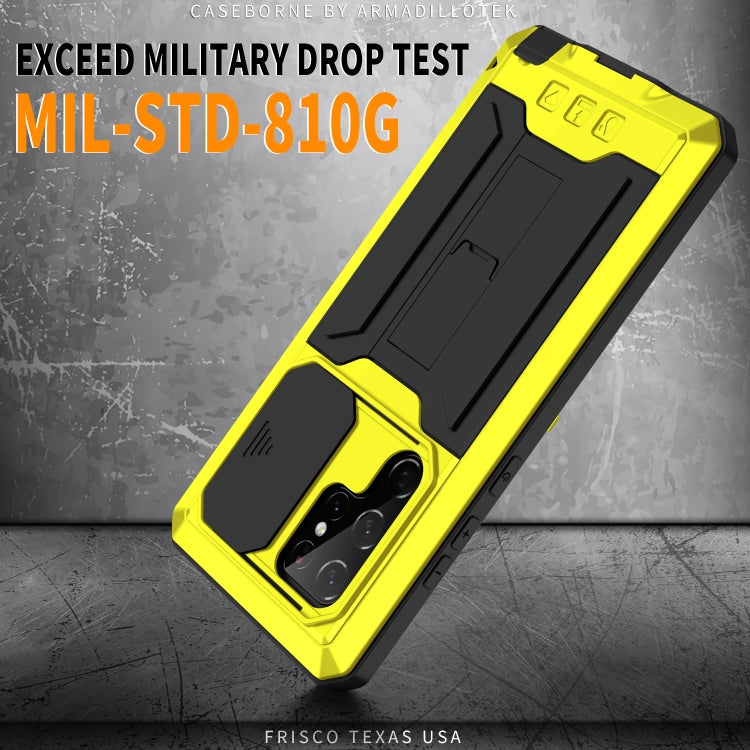 For Samsung Galaxy S22 Ultra 5G R-JUST Sliding Camera Metal + Silicone Holder Phone Case(Yellow) - free shipping - PMC TechLife - Order now!