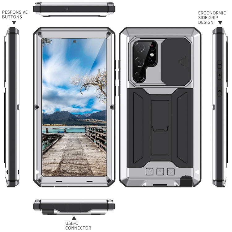 For Samsung Galaxy S22 Ultra 5G R-JUST Sliding Camera Metal + Silicone Holder Phone Case(Silver) - Galaxy S22 Ultra 5G Cases by R-JUST | Online Shopping South Africa | PMC TechLife | Buy Now Pay Later Mobicred