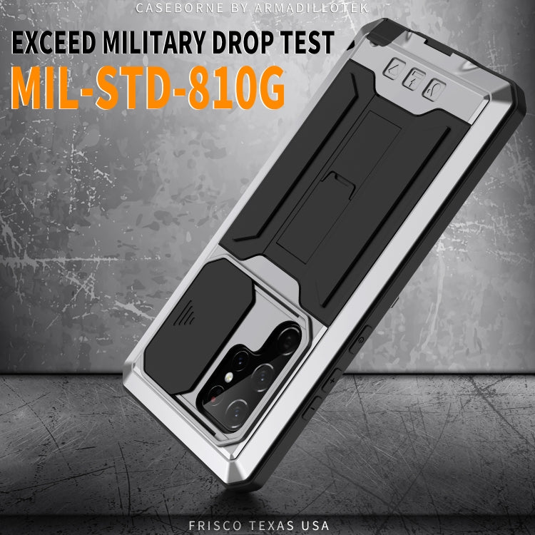 For Samsung Galaxy S22 Ultra 5G R-JUST Sliding Camera Metal + Silicone Holder Phone Case(Silver) - Galaxy S22 Ultra 5G Cases by R-JUST | Online Shopping South Africa | PMC TechLife | Buy Now Pay Later Mobicred