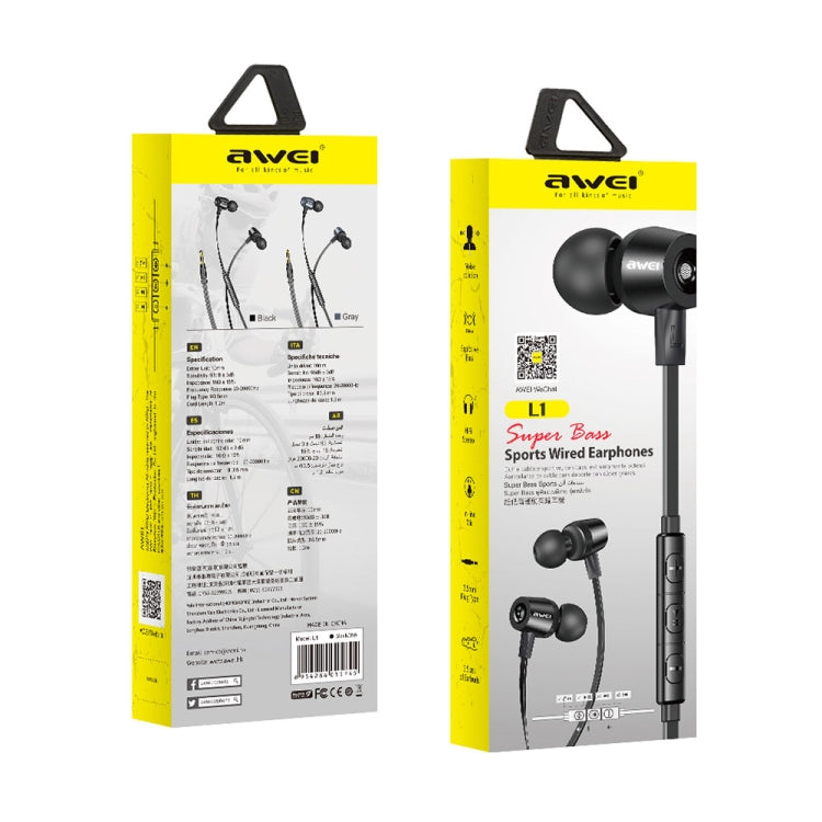 awei L1 Stereo Surround In-ear Wired Earphone(Grey) - In Ear Wired Earphone by awei | Online Shopping South Africa | PMC Jewellery