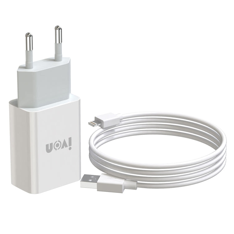 IVON AD-33 2 in 1 2.1A Single USB Port Travel Charger + 1m USB to 8 Pin Data Cable Set, EU Plug(White) - USB Charger by IVON | Online Shopping South Africa | PMC TechLife | Buy Now Pay Later Mobicred