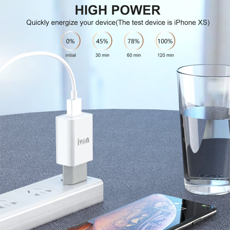 IVON AD-33 2 in 1 2.1A Single USB Port Travel Charger + 1m USB to 8 Pin Data Cable Set, EU Plug(White) - USB Charger by IVON | Online Shopping South Africa | PMC TechLife | Buy Now Pay Later Mobicred