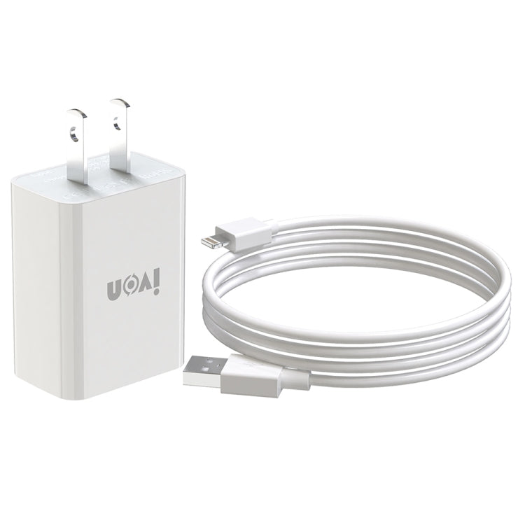 IVON AD-33 2 in 1 2.1A Single USB Port Travel Charger + 1m USB to 8 Pin Data Cable Set, US Plug(White) - USB Charger by IVON | Online Shopping South Africa | PMC TechLife | Buy Now Pay Later Mobicred